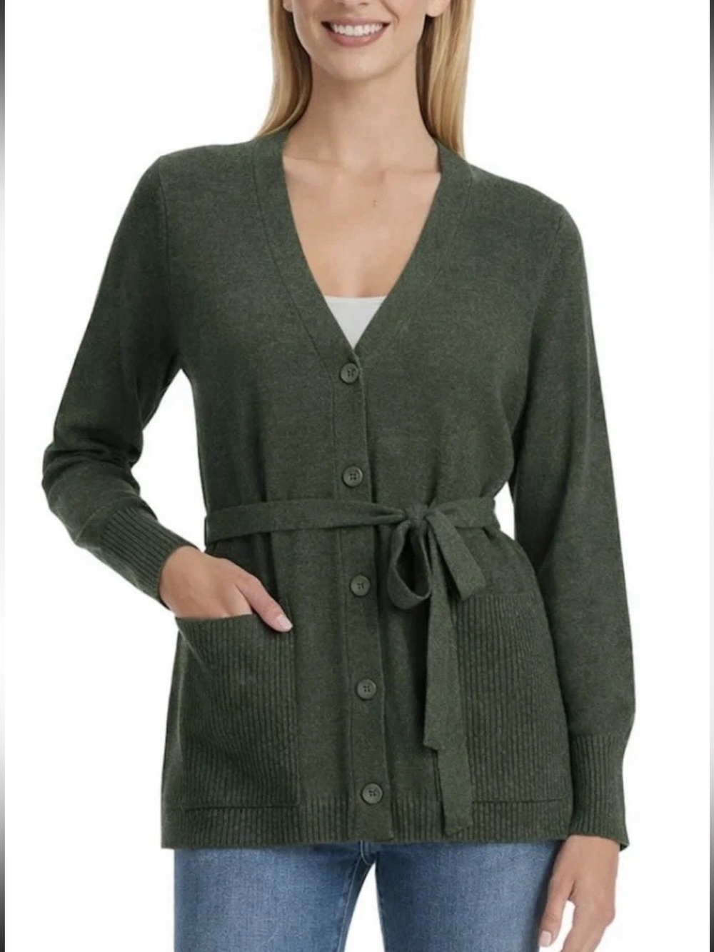 NWT Splendid Olive Knit Button-Front Cardigan with Tie Belt